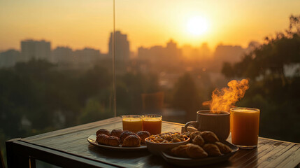 Tranquil Morning Moment with Breakfast Spread Against Stunning Sunrise View