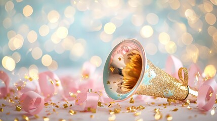 Gold party horn with pink confetti on pastel background.