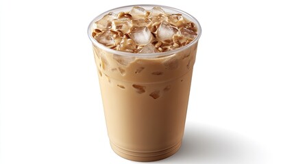 Refreshing iced coffee in a clear plastic cup filled with ice.
