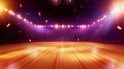 Vibrant arena with dramatic lighting and wooden floor, preparing for an exciting performance