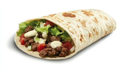 Delicious beef wrap with lettuce, tomato, and creamy sauce.