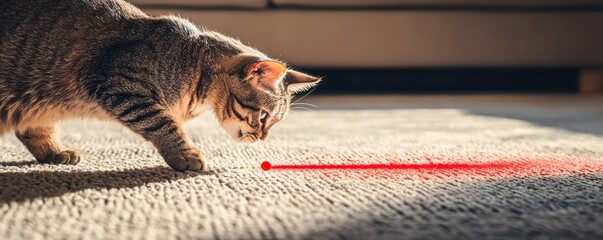 A playful cat chasing a red laser dot on the floor.