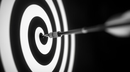 Close-up of a dart piercing the center of a black and white spiral target, symbolizing precision and focus