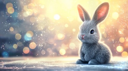 Cute bunny rabbit in snowy winter scene.