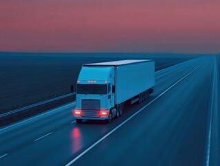 Fototapeta premium A truck driving on an empty road during twilight hours.