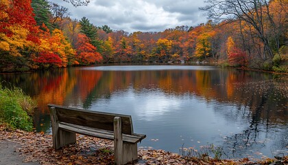 Autumn lake view, park bench, colorful fall foliage, tranquil scene