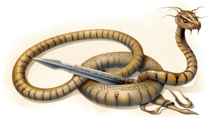 Naklejka premium A large, striped serpent coiled around a long, ornate sword, its head raised, displaying sharp fangs and intense red eyes.