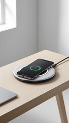 A modern wireless charger with a smartphone resting on it, placed on a minimalist desk with a blurred background and breathing space   4