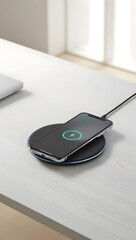 A modern wireless charger with a smartphone resting on it, placed on a minimalist desk with a blurred background and breathing space   5