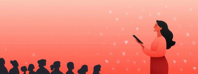 Smiling Woman Speaking to Audience with Colorful Background during Event or Presentation