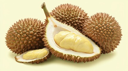Close-up of three whole durians and two opened durians revealing creamy yellow flesh.  The durians are arranged on a pale yellow background.
