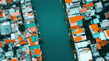 Fototapeta premium Aerial view of colorful rooftops alongside a serene waterway.