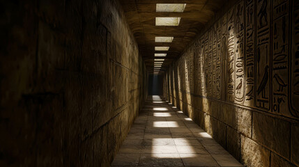 Obraz premium Twisting Hallway in Ancient Egyptian Labyrinth with Hieroglyphs and Dramatic Lighting