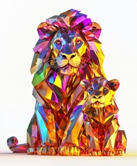 Fototapeta premium Colorful Crystal Lion and Cub Sculpture in Vibrant Geometric Design