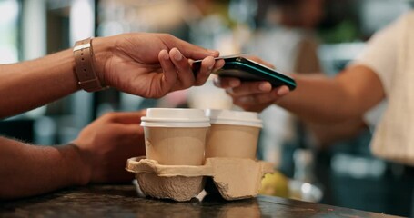 People, hands and payment in coffee shop with credit card, takeaway sale and customer service at POS. Patron, employee or machine in cafe for transaction, hospitality and support local small business