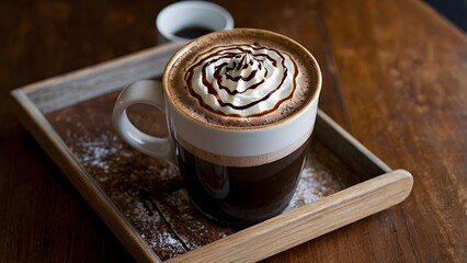 Rich Mocha Coffee with Whipped Cream and Chocolate Drizzle on Wooden Tray