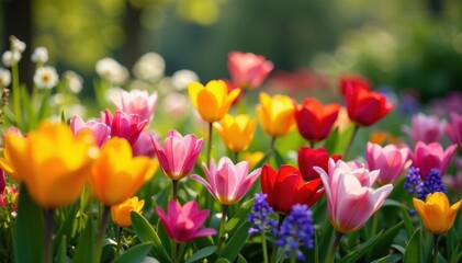 Garden bed filled with vibrant spring flowers , blooming, green, spring