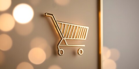 A sophisticated online marketplace icon with a shopping cart designed from golden geometric lines, accented by soft glowing highlights to symbolize elegance and quality4