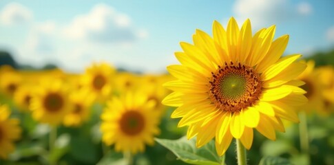 Fototapeta premium Large bright yellow sunflower petals unfolding in the breeze , garden, bloom, flowers