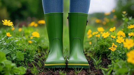 Spring gardening with green rain boots in a blooming garden