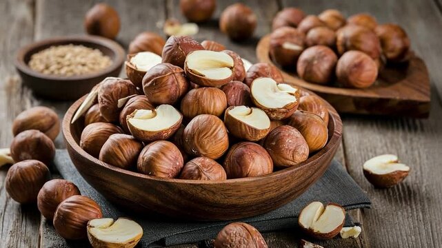 A mix of whole and halved macadamia nuts in a wooden dish