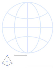 Geometric sphere with grid lines and pyramid in bottom left, alongside bold horizontal lines. Ideal for global systems, analytics, architecture, mapping, education, 3D modeling, abstract line flat