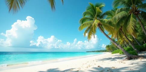 Fototapeta premium Palm trees sway gently in ocean breeze amidst powdery white sand, sandy, distressed filter, sunset