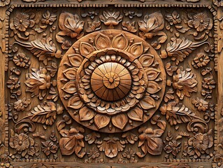 Ornate wood carving, floral design, temple panel, intricate details