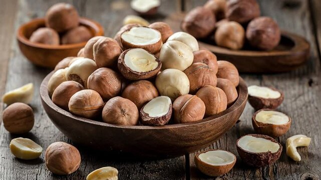 A mix of whole and halved macadamia nuts in a wooden dish