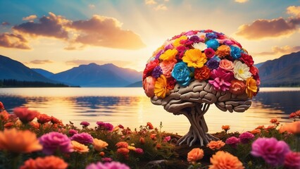Hands holding a model of a human brain adorned with vibrant