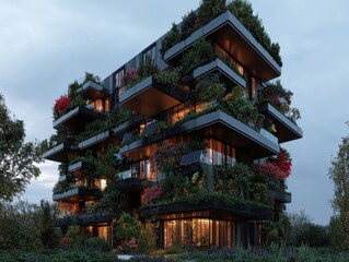 Modern building with greenery that blends nature and architecture.