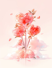 Fototapeta premium Three heart-shaped lollipops adorn a whimsical scene, blooming from a stem with delicate roses. A soft, romantic illustration.