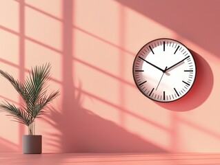 Modern clock on pink wall with shadows and a green plant.