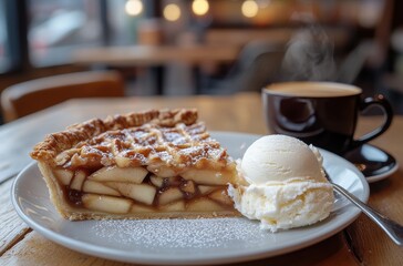 Delicious slice of apple pie with fork and scoop of vanilla ice cream served beside a cup of coffee on a rustic wooden table
