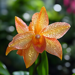 Dew Kissed Orange Orchid Flower Closeup