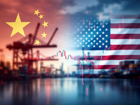 Trade war features China USA flags over stock chart reflecting economic tensions globally