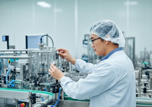 Scientist adjusting machinery in clean manufacturing