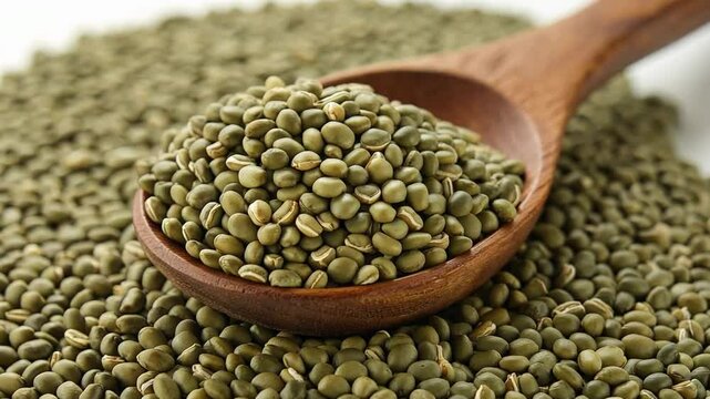 A pile of green mung beans in a wooden spoon on a white background.