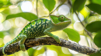 Fototapeta premium Vibrant Green Chameleon Perched on Twisting Branch Surrounded by Lush Foliage and Bokeh Background