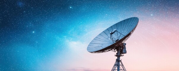 Satellite dish against a stunning starry sky at dusk.