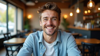 Fototapeta premium Happy Young Man Smiling in Cafe with Blurred Background – Stock Photo