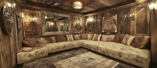 Obraz premium Rustic Luxury: An Inviting Interior Featuring Warm Wood and Plush Comfort