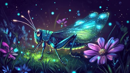 Glowing grasshopper on flowers at night.