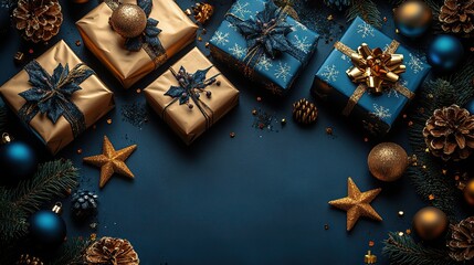 Fototapeta premium Lustrous Christmas splendor. Top view picture of gleaming gold and blue wrapped boxes, ornaments, star motifs, and tinsel on an opulent sapphire surface, ideal for your greeting or promotional text.