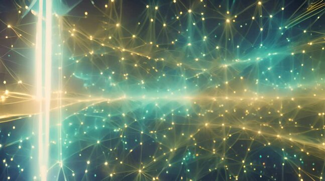 A vibrant graphic visualization overlaid with swirling digital data streams, glowing network symbols pulsating like stars