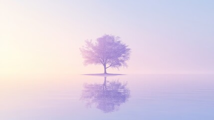 Solitary tree reflecting in calm misty water at dawn; serene nature scene