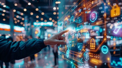 Fototapeta premium Interactive Digital Interface: A hand reaches out to touch a futuristic digital interface, filled with vibrant icons and glowing lines, showcasing the boundless possibilities of technology.