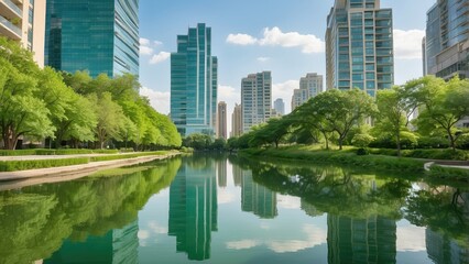 A low-angle view of tall, reflective glass skyscrapers framing a vibrant green tree