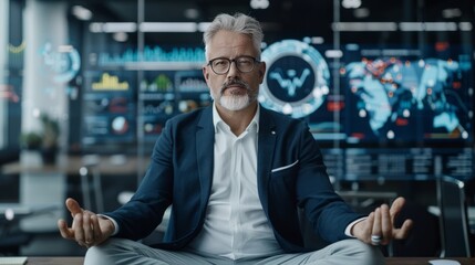 Mindful in the Data Storm: A mature businessman sits in a meditative pose amidst a whirlwind of data visualizations and charts, finding serenity in the midst of a complex digital world.