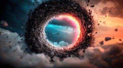 An abstract depiction of a cloud eruption surrounded by dynamic colors, creating an otherworldly portal effect that symbolizes emotional turbulence and chaos balanced by calmness.